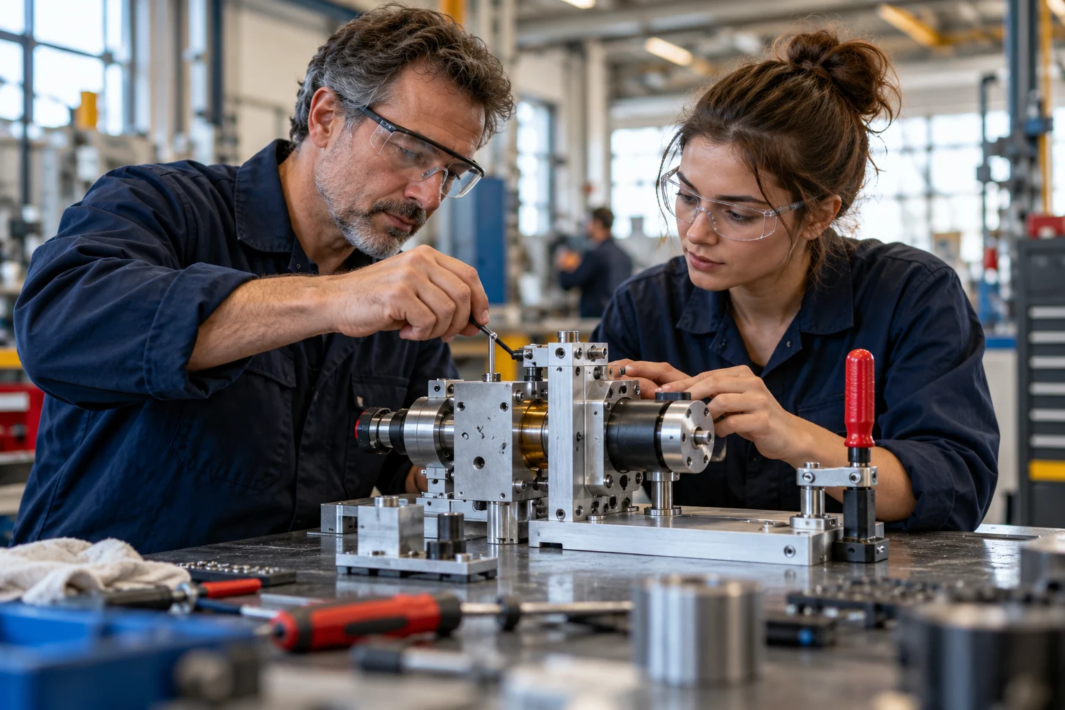 Two people work together on a technical prototype in a bright factory workshop.