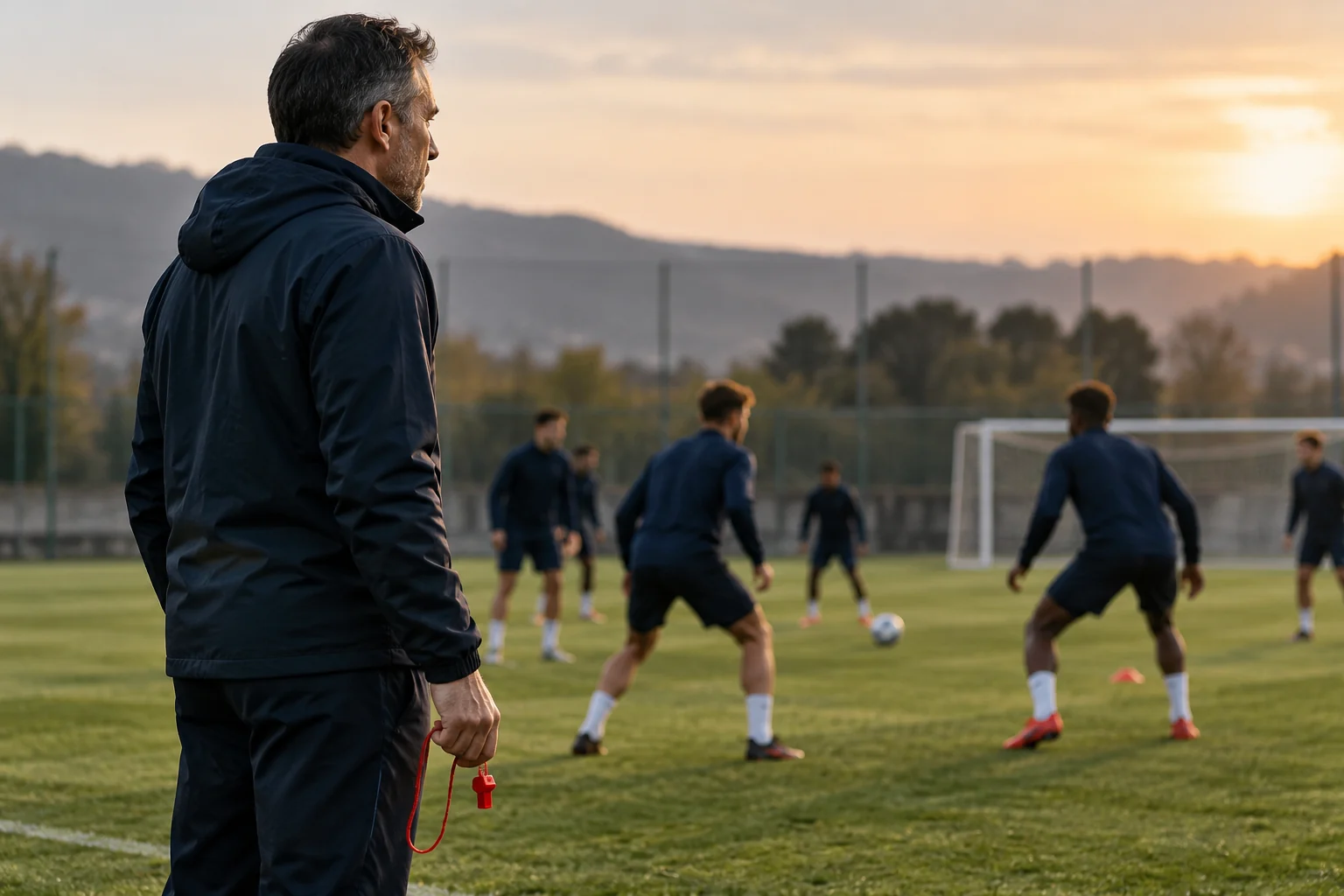 An attentive football coach watches a team from the touchline in the evening light.