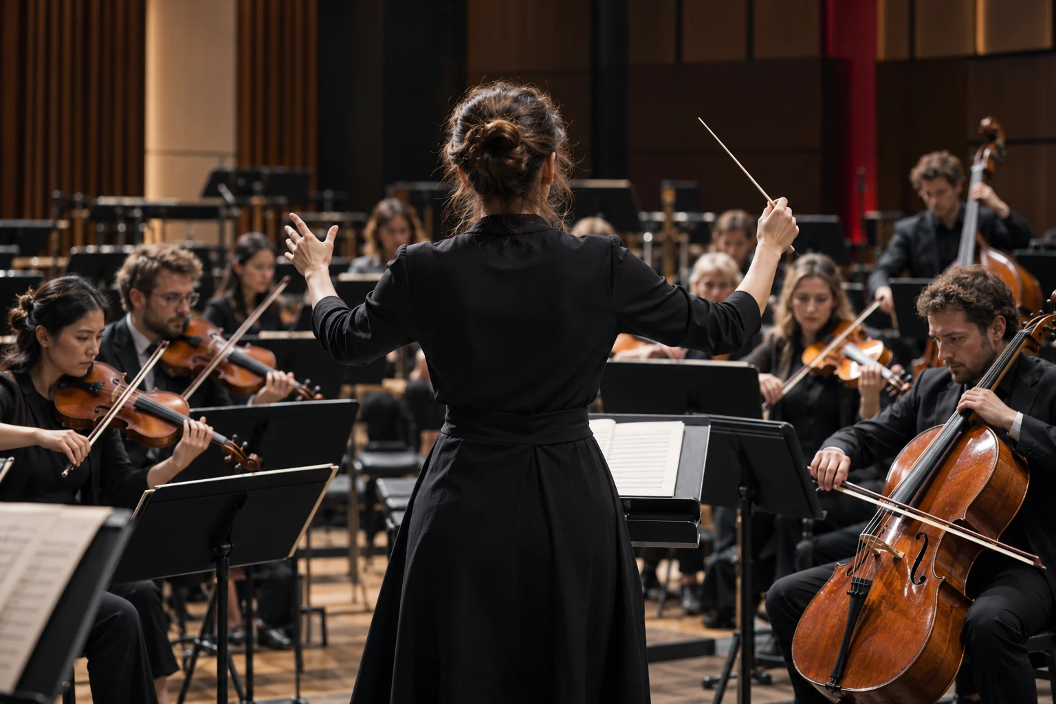 Eine Dirigentin koordiniert ein aufmerksam probendes Orchester.