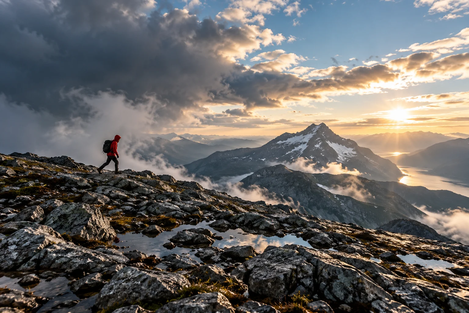 A hiker in a red jacket crosses a rocky mountain saddle toward a distant summit.