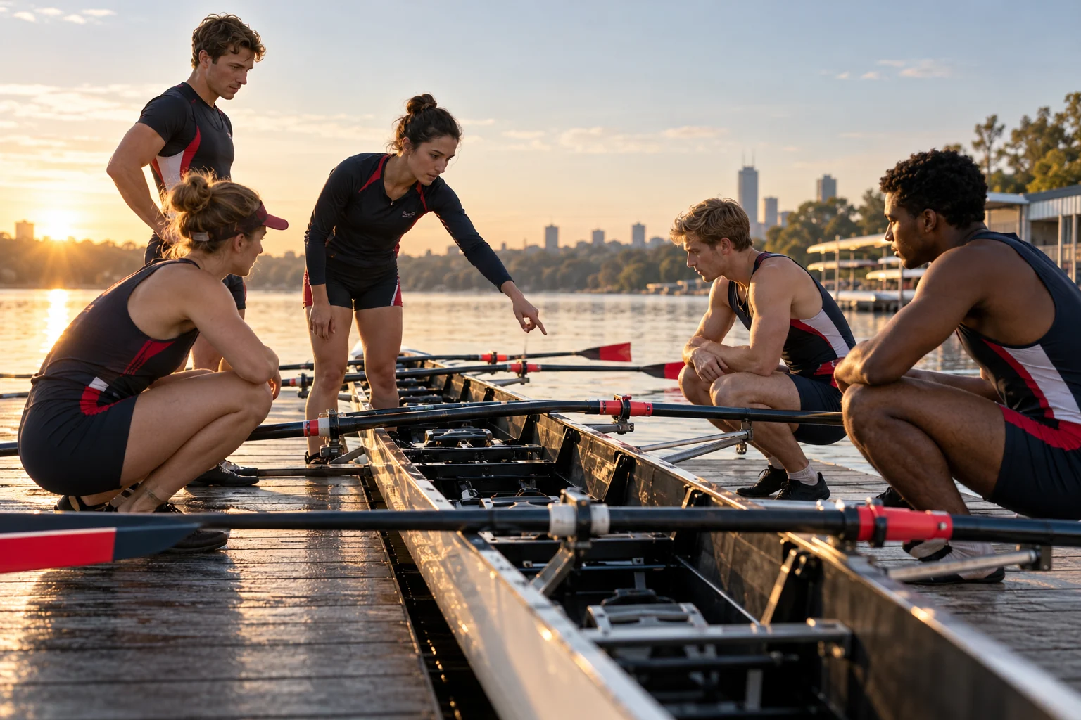 A rowing crew discusses seating assignments beside its racing boat.