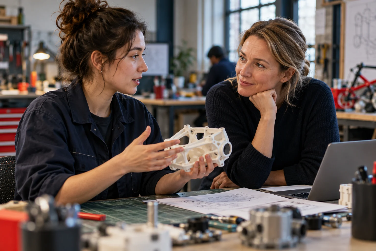An experienced colleague listens to an engineer explaining an unfinished prototype.