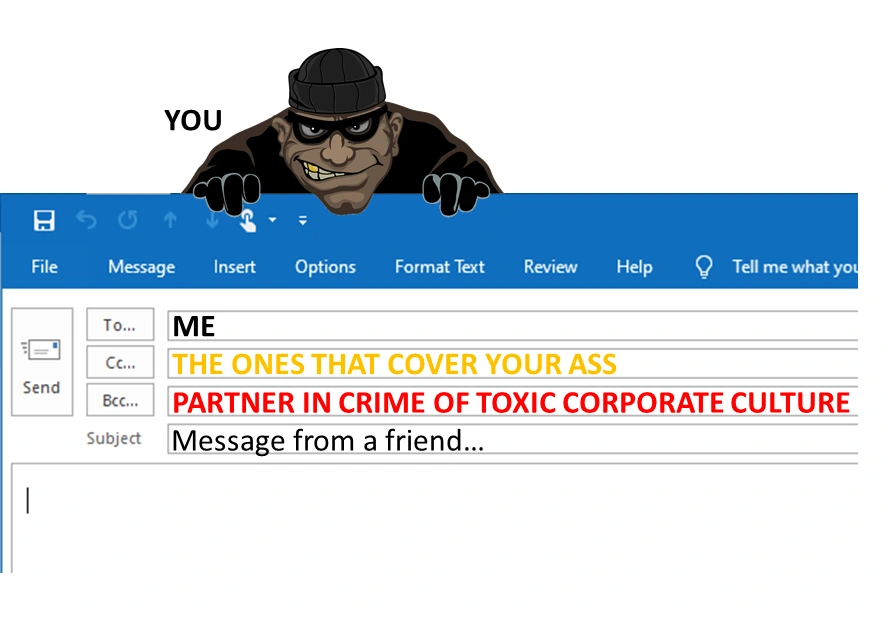 Satirische Darstellung einer E-Mail mit An, CC und BCC als Kritik an Absicherungsmentalität und mangelnder Transparenz.