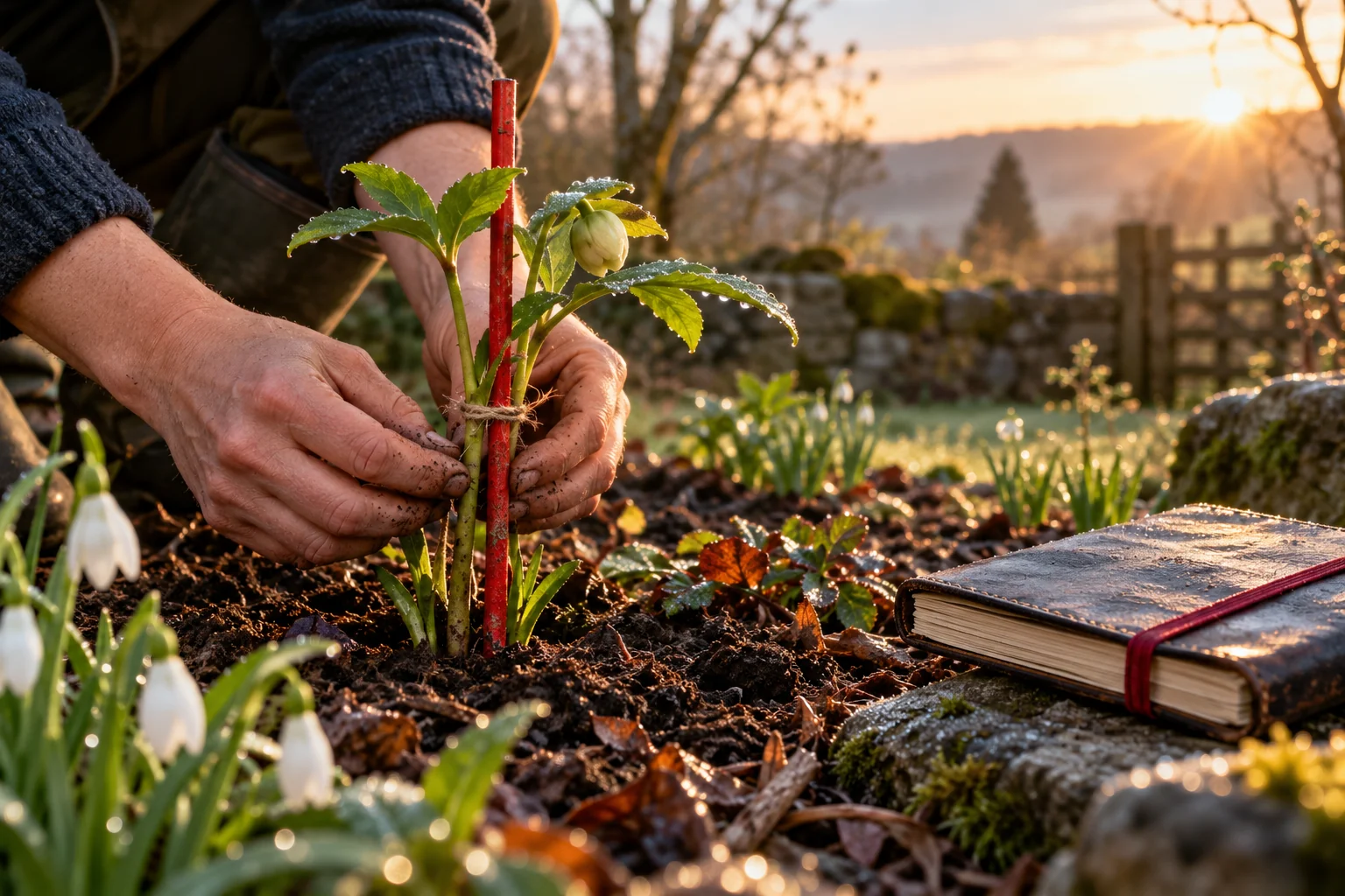 Hands support a young garden plant with a red stake.
