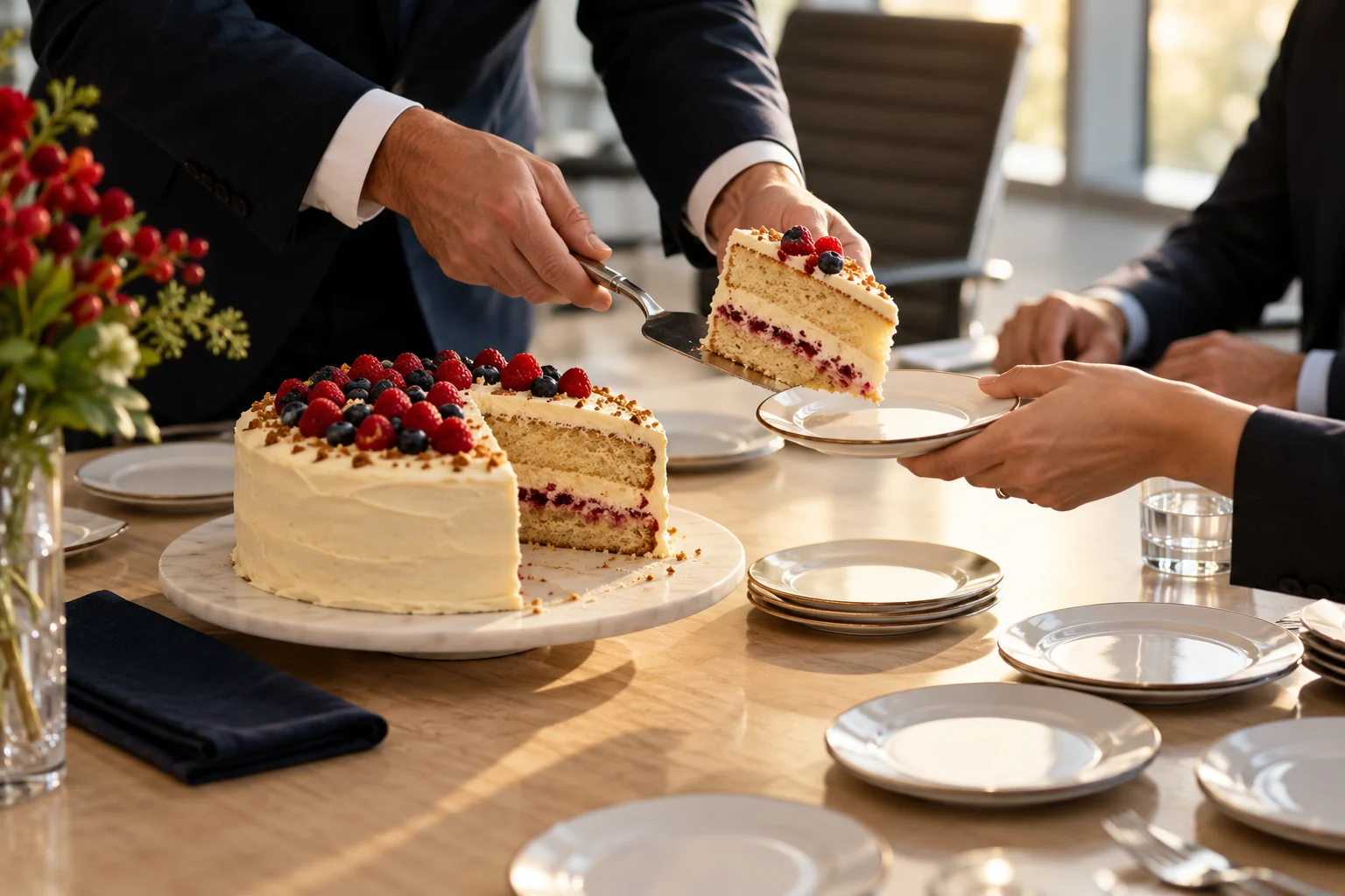 A business leader serves cake onto small plates at a meeting table.