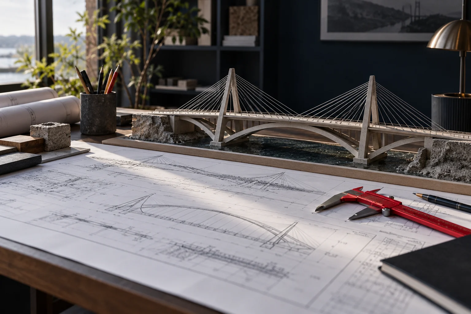 A physical bridge model stands beside engineering drawings and a red measuring caliper.