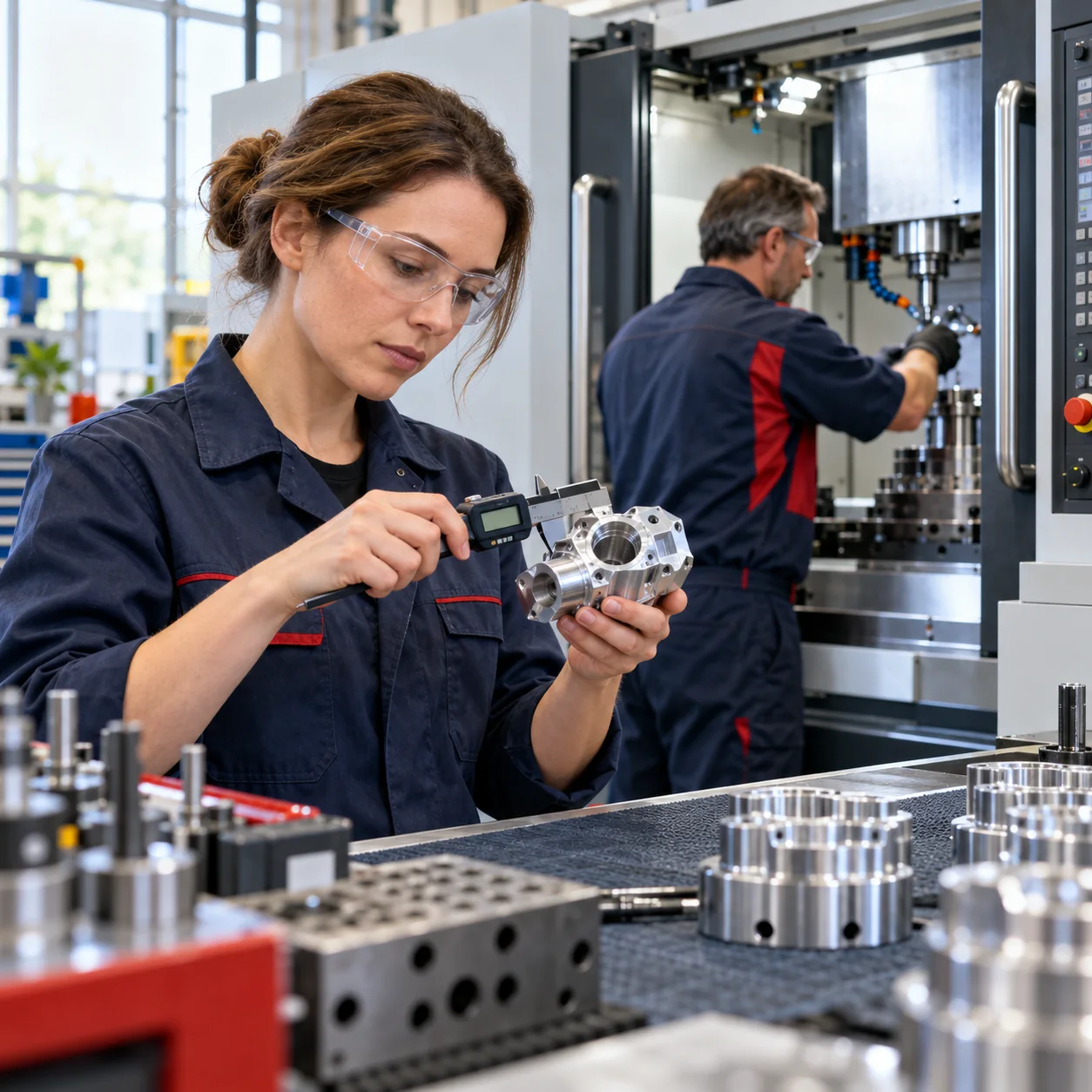 Eine Ingenieurin misst ein Präzisionsbauteil, während ein Techniker an einer Maschine arbeitet.