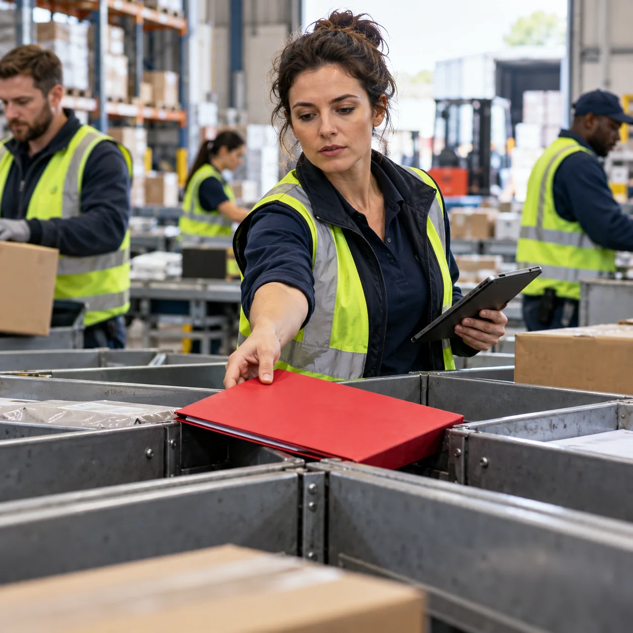 A person responsible decisively picks up a red folder at a sorting station.