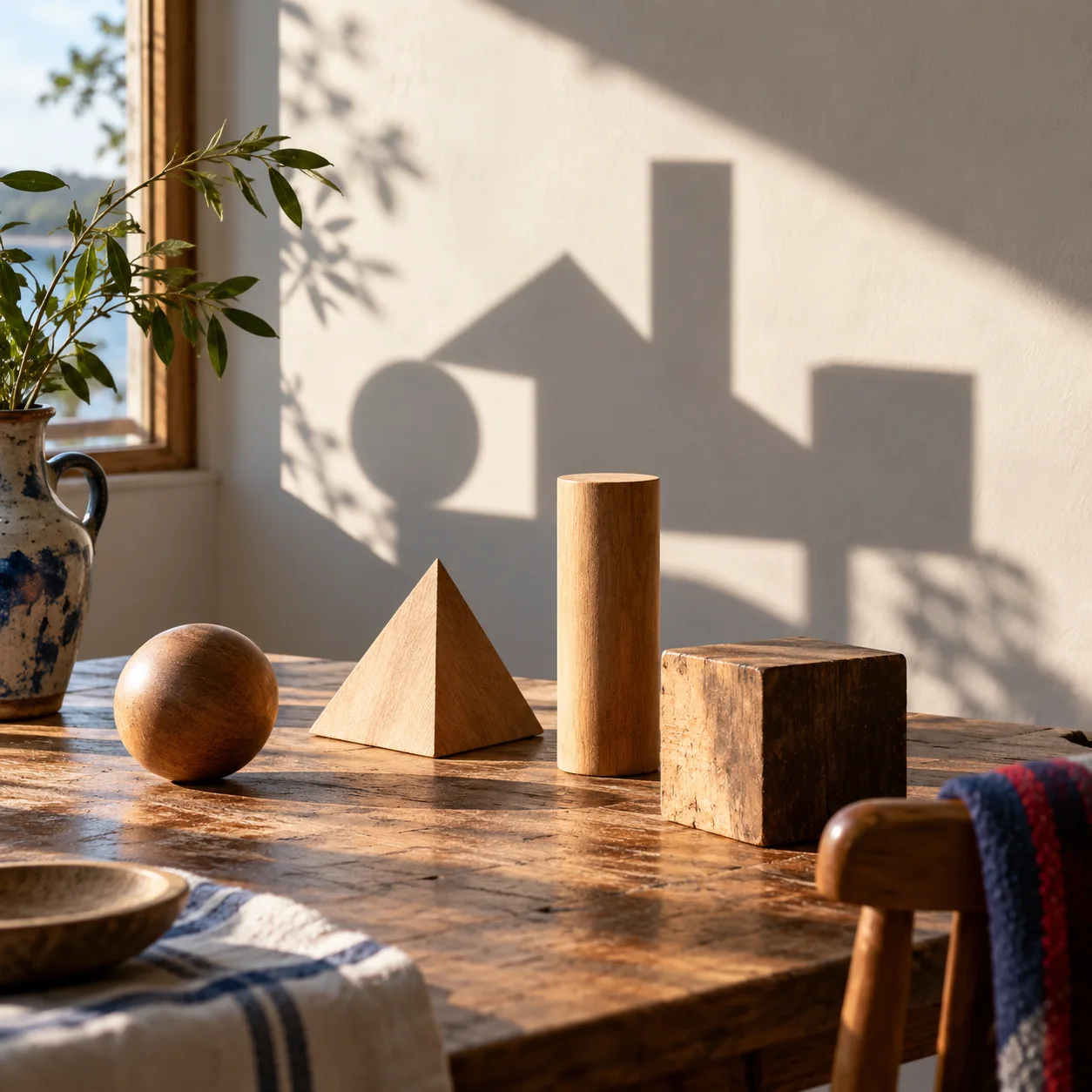 Separate wooden shapes cast a seemingly connected shadow on a sunlit wall.