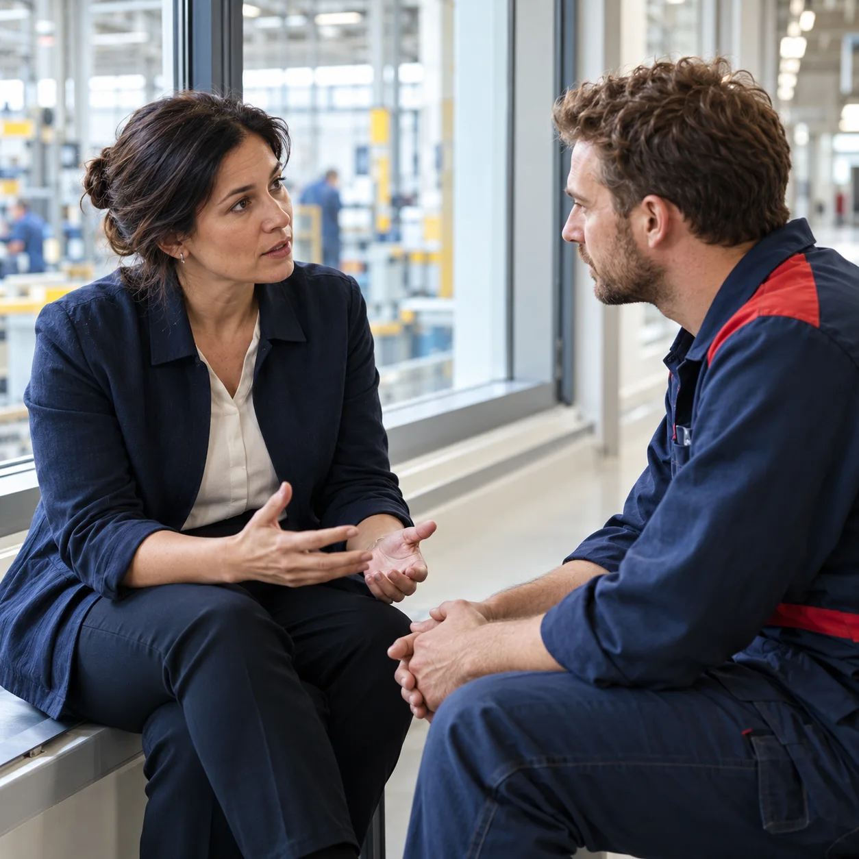 A team leader and an employee have an attentive conversation by a window.
