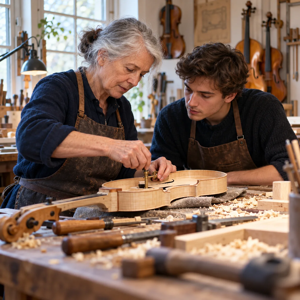 An experienced violin maker shows a younger colleague a precise working technique.