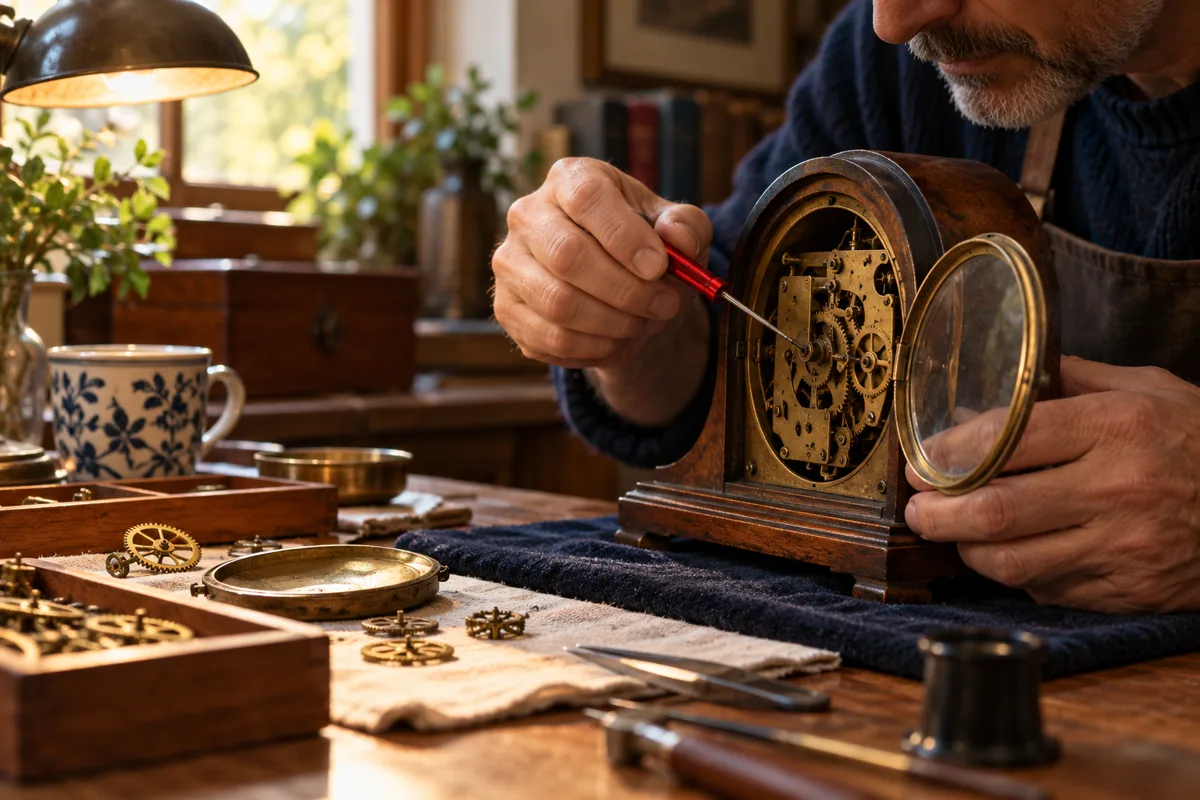 Hände reparieren mit konzentrierter Sorgfalt ein altes mechanisches Uhrwerk.