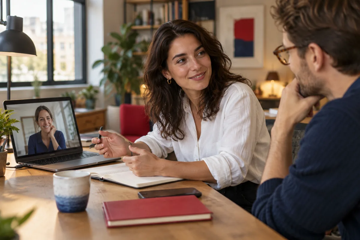 Eine Frau im Arbeitszimmer hört bei einem digitalen Gespräch aufmerksam zu.