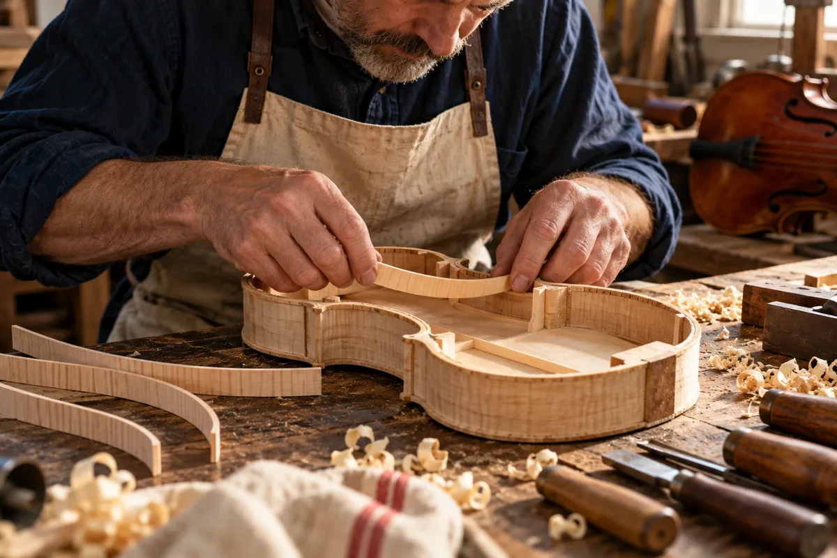 Ein Geigenbauer bearbeitet die innere Holzstruktur eines unfertigen Streichinstruments an einer Werkbank.