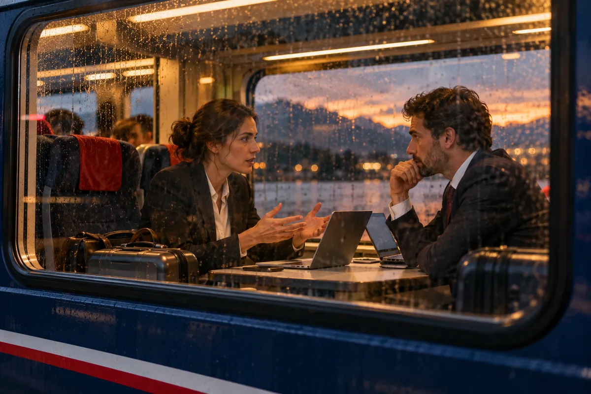 Two business travellers talk in a lit train carriage at sunset.