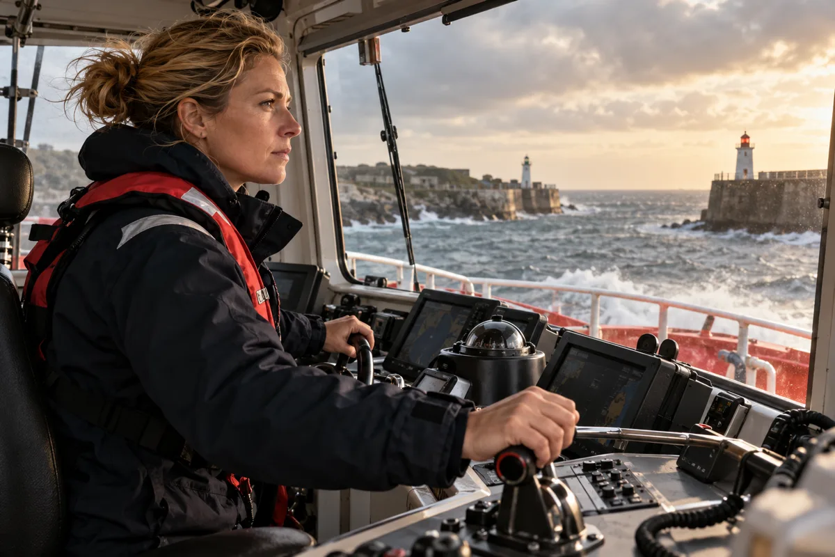 Eine Frau steuert ein Boot bei unruhigem Wasser und blickt konzentriert voraus.