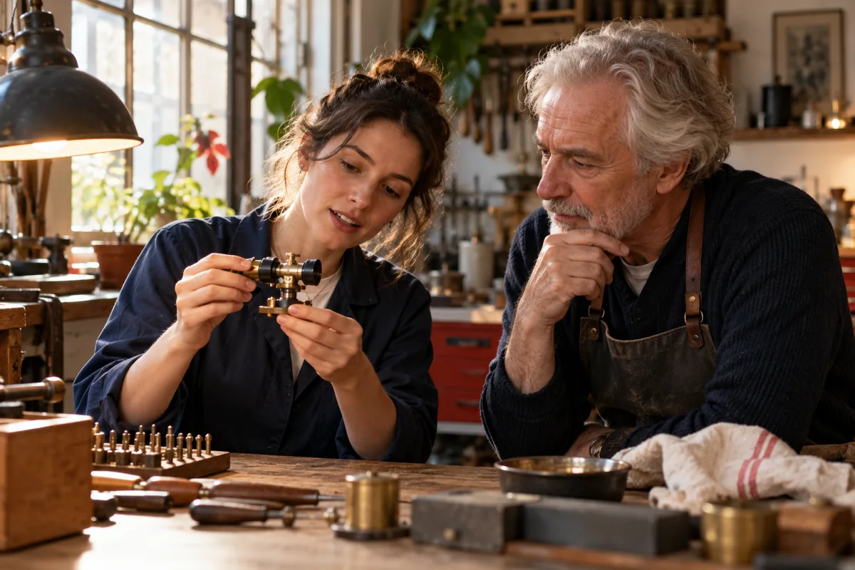 A younger woman explains a small component to an older colleague at a workbench.
