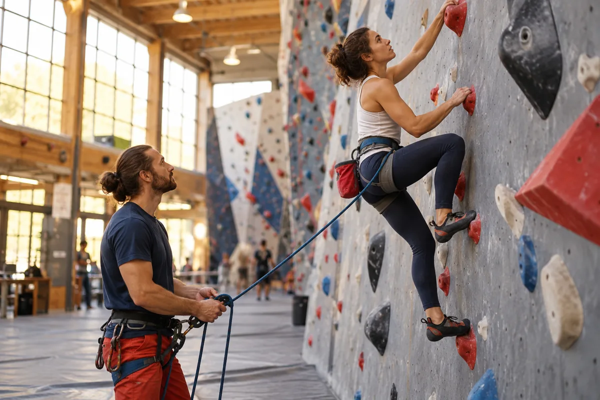 Eine Kletterin steigt an einer Kletterwand auf, während ein Partner sie mit einem Seil sichert.