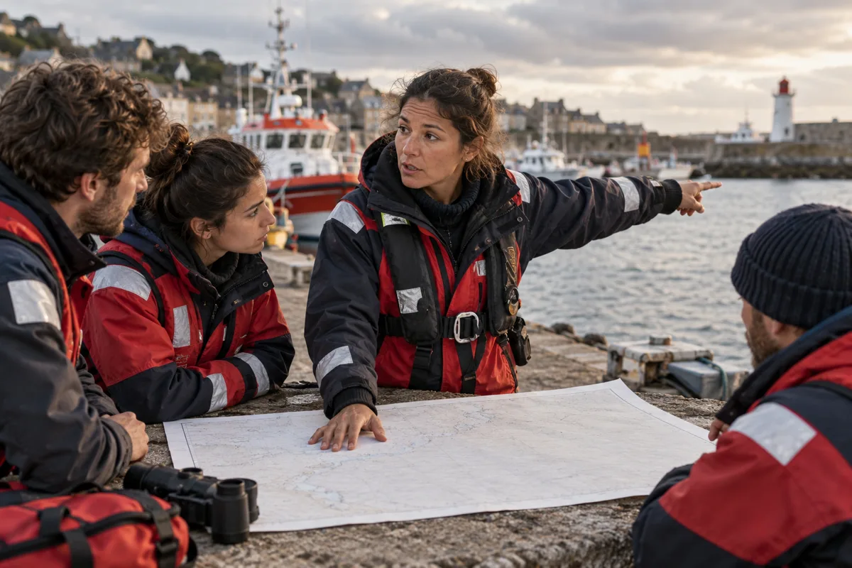 Eine Frau erklärt einem Kollegen an einem Hafen die Richtung auf einer ausgebreiteten Karte.