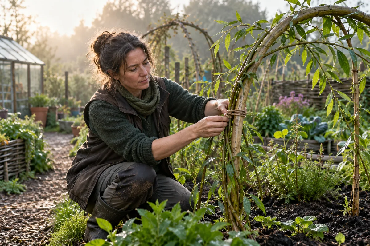 A gardener ties a flexible willow branch to a curved wooden support.