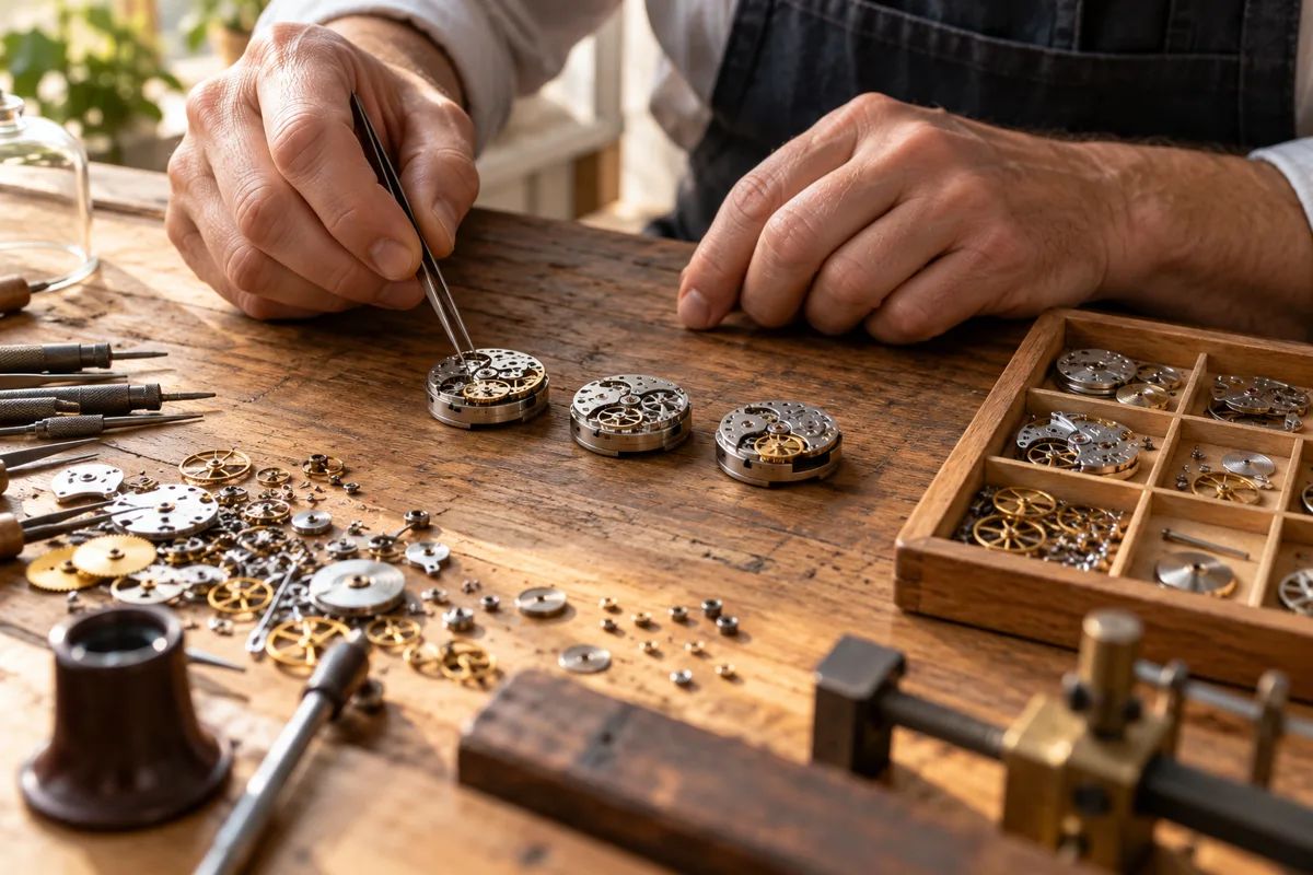A watchmaker’s hands select small mechanical components on a wooden workbench.