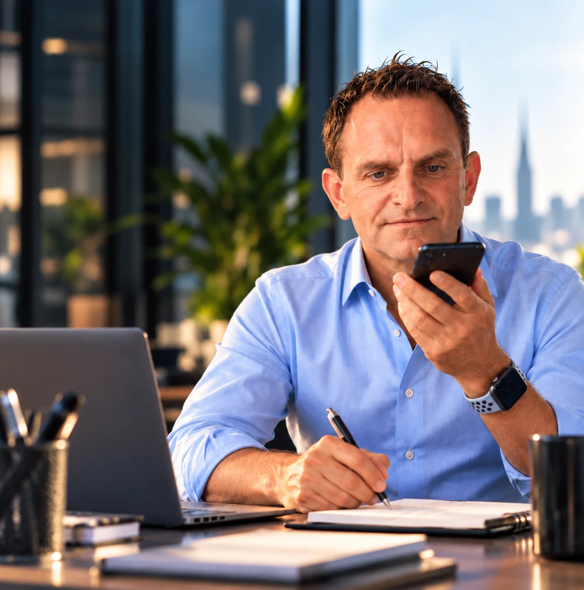A man dictates into his smartphone while taking notes at his desk.