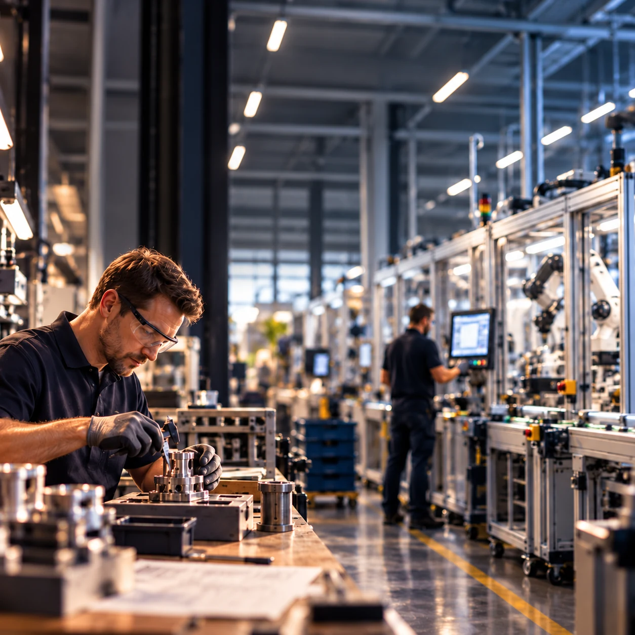Ein Mitarbeiter prüft ein Werkstück an der Werkbank, während im Hintergrund eine automatisierte Produktionslinie bedient wird.