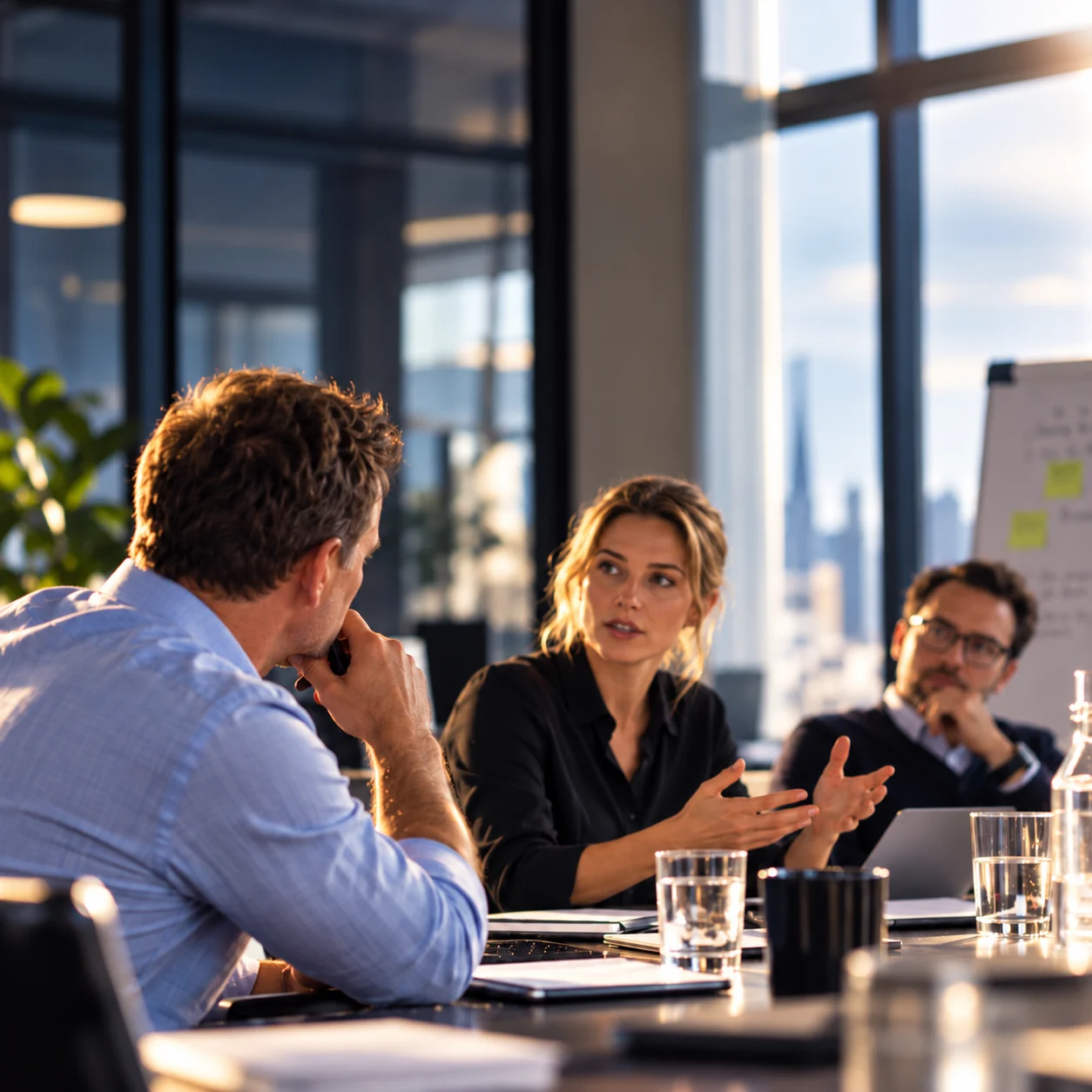 A woman explains her point in a meeting while two colleagues listen.