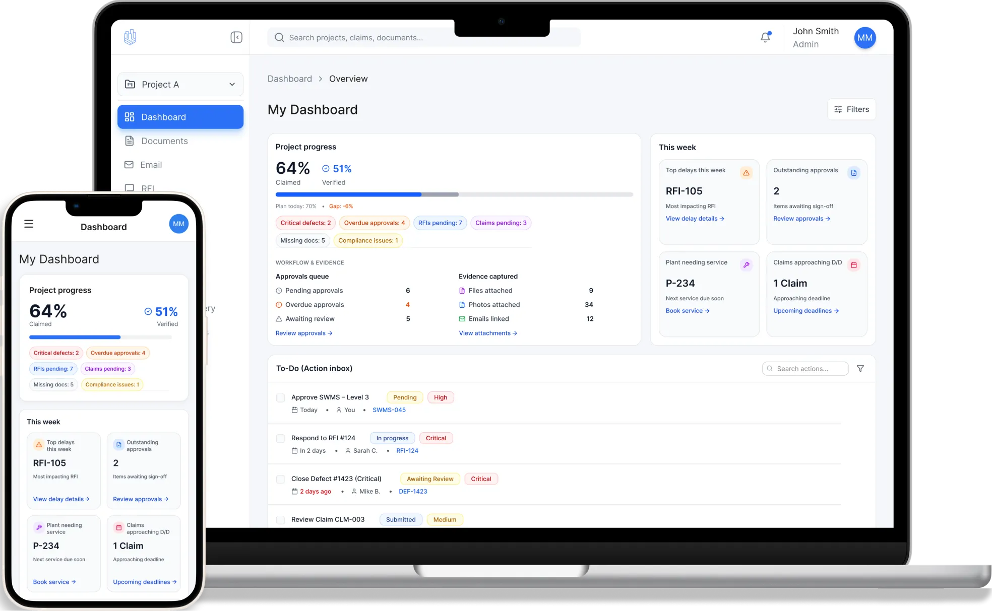 BuildAxis dashboard on a laptop and a phone, showing project progress, approvals queue and action inbox