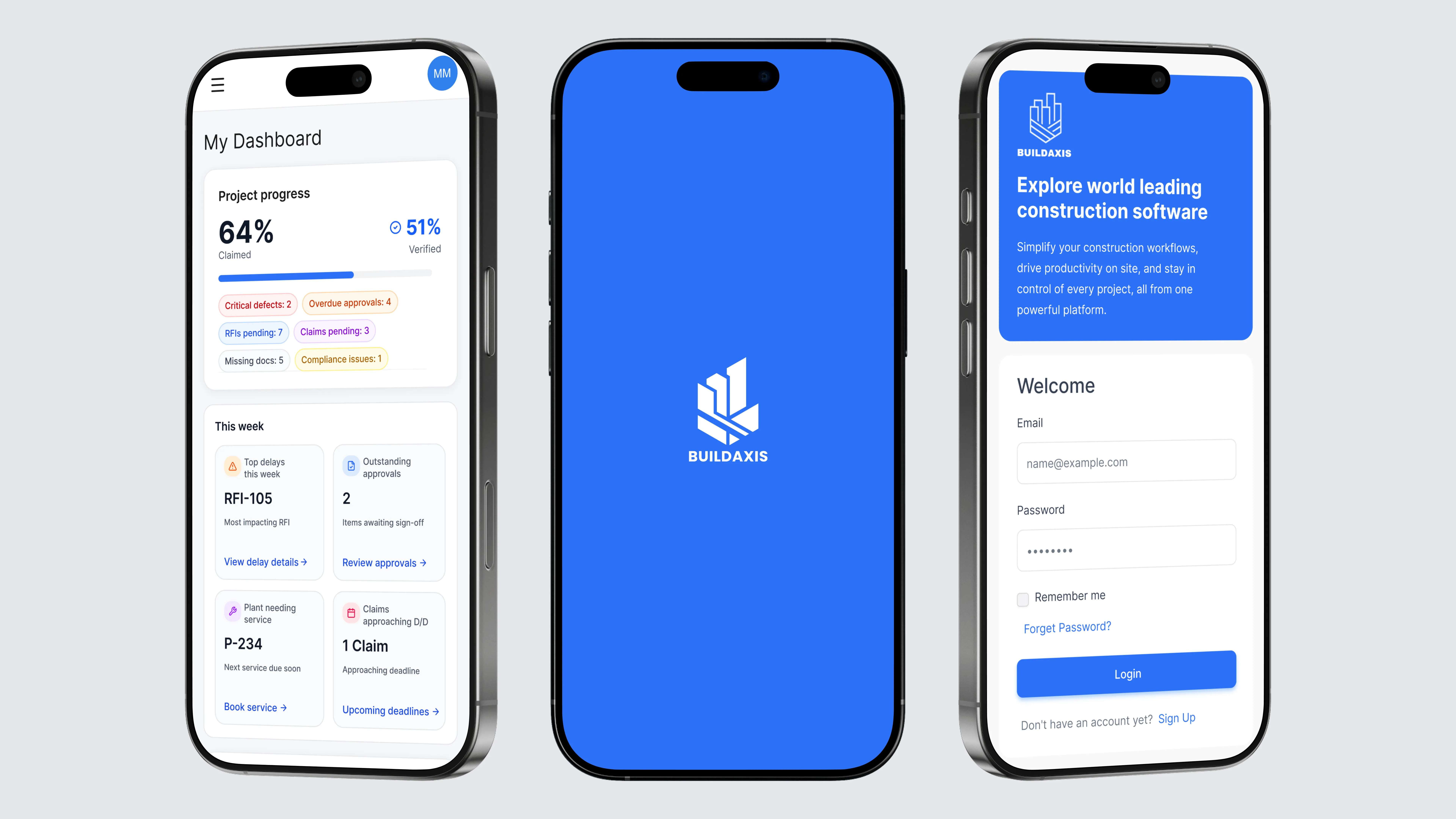 BuildAxis on mobile: project dashboard, app splash screen and login