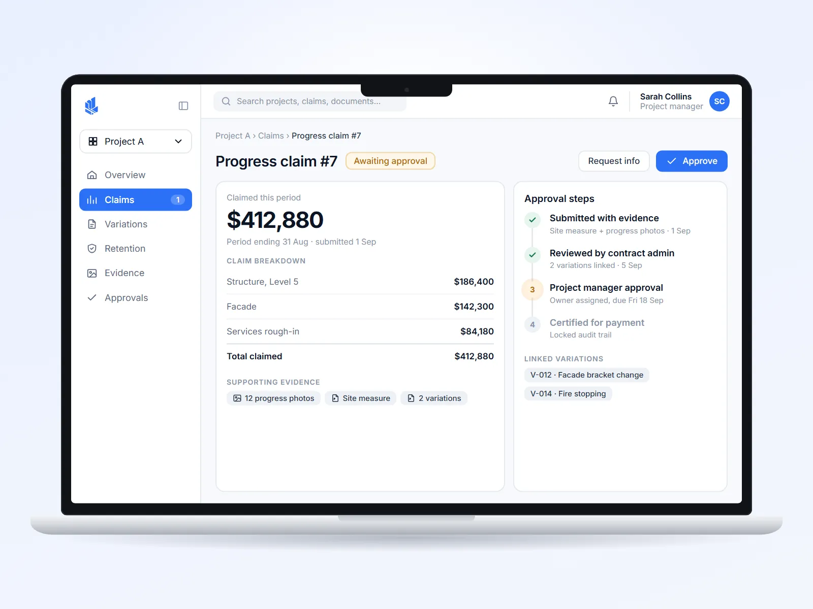 Progress claim #7 with claim breakdown, supporting evidence and approval steps