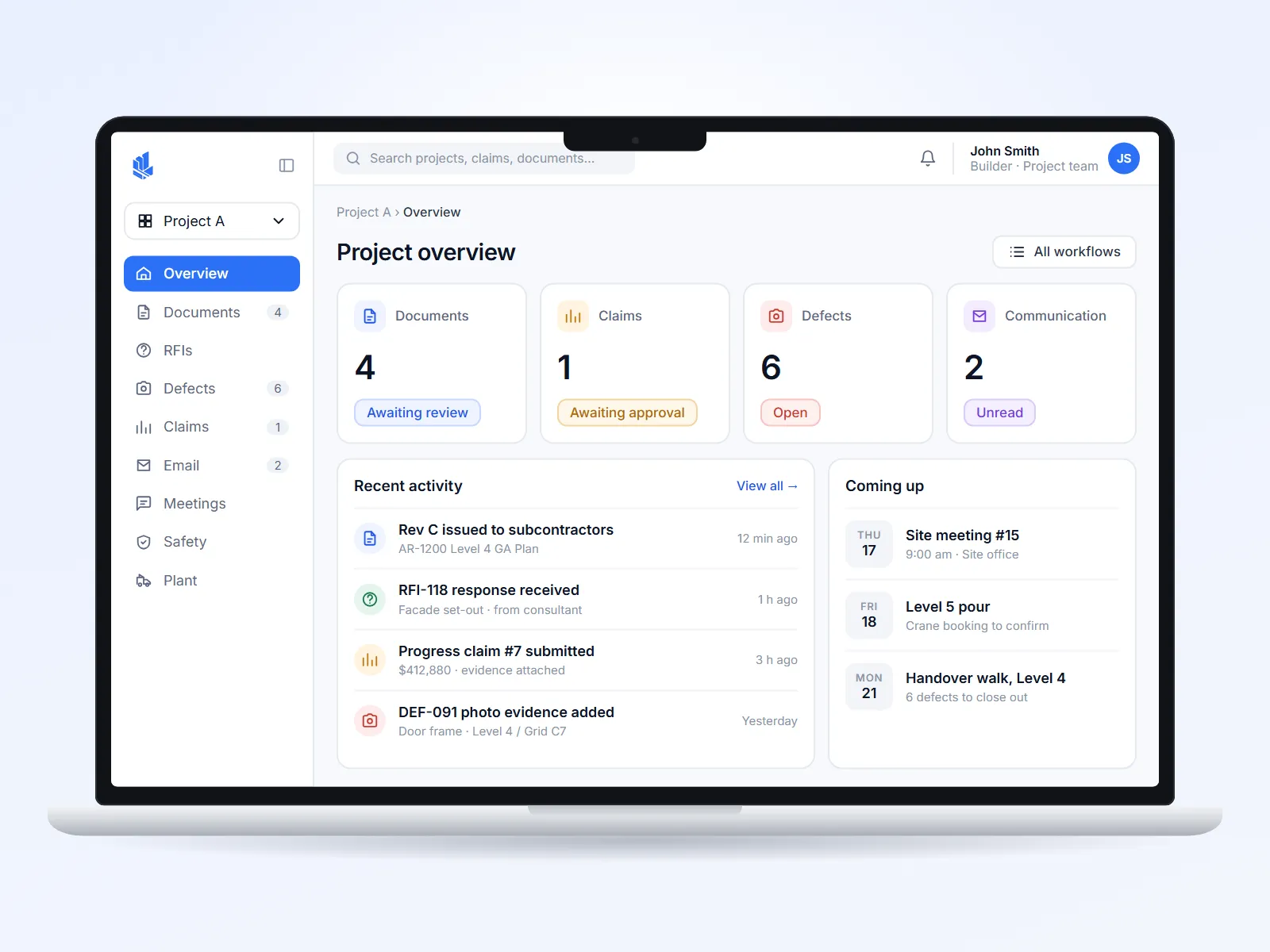 BuildAxis project overview: documents, claims, defects and communication with recent activity