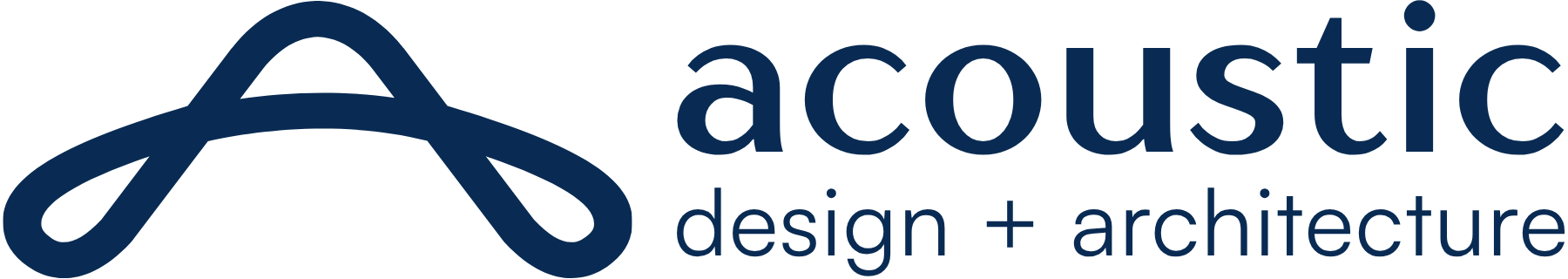 Logo with a dark blue abstract arch symbol to the left and the words 'acoustic design + architecture' in lowercase font to the right.