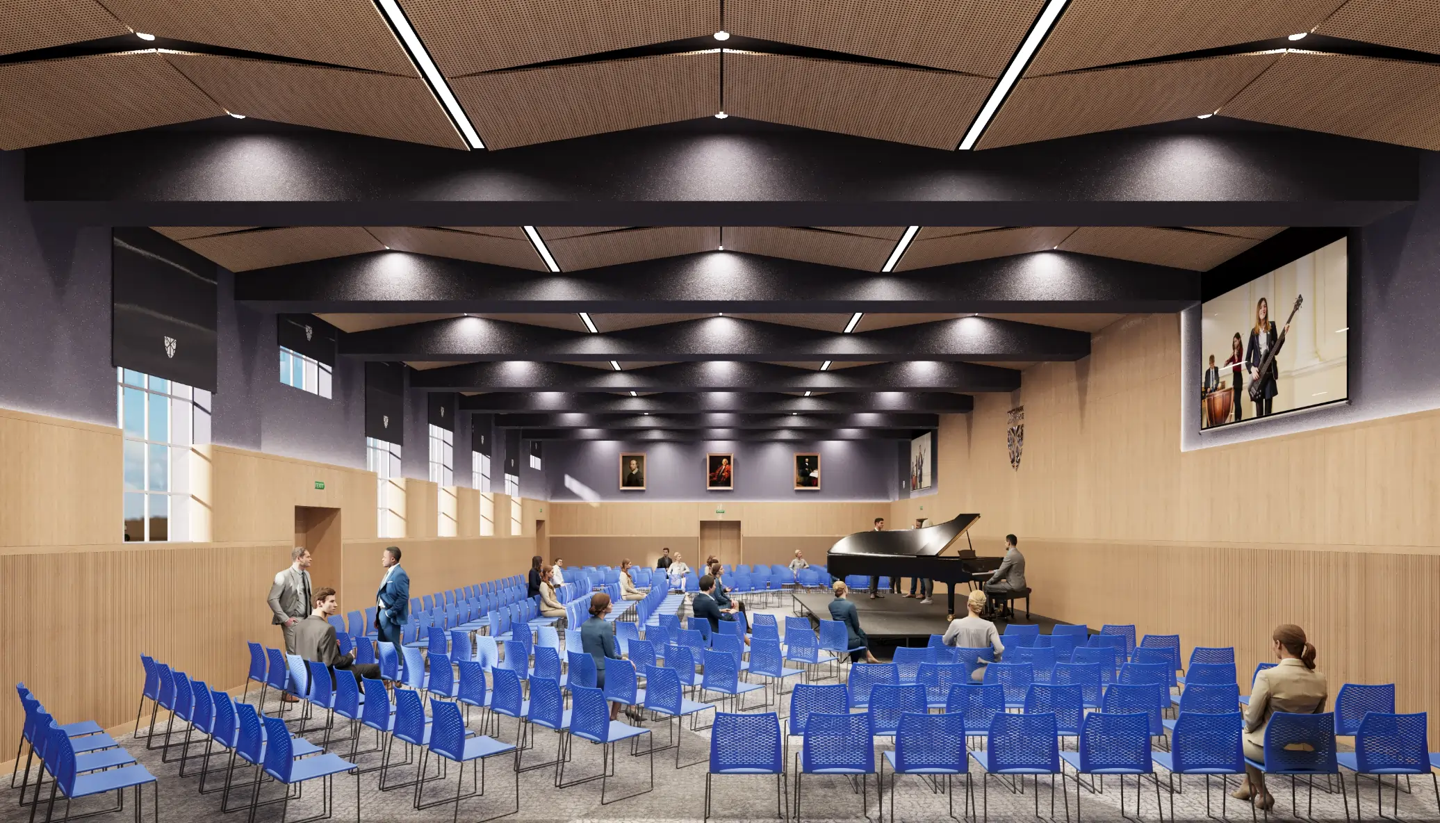 Wood & Linear Acoustic Ceilings installed in an interior