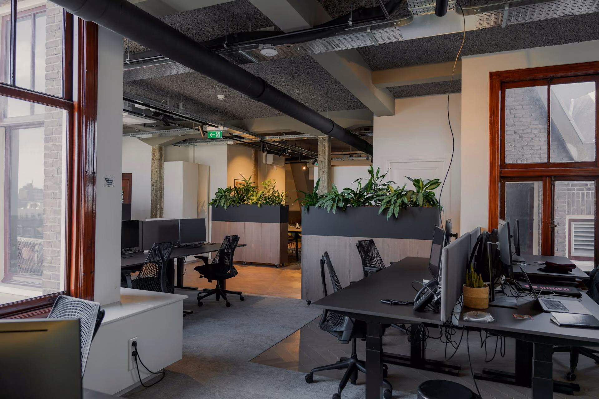 Open-plan office with acoustic ceiling baffles, exposed ducting and standing desks