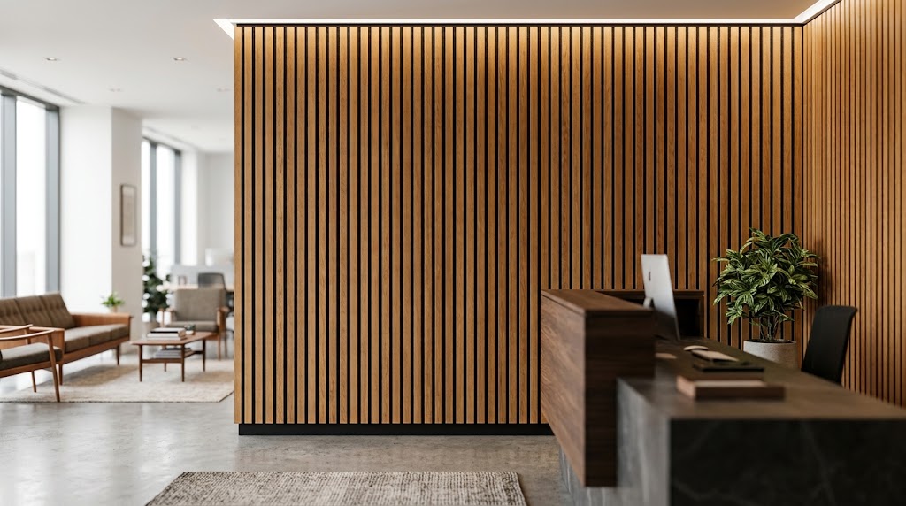 Acoustic slat panels in a commercial interior