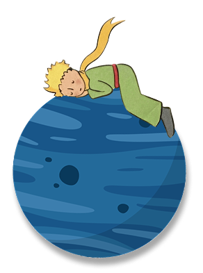 Illustration: Ein Junge mit gelbem Schal liegt auf einem blauen Planeten