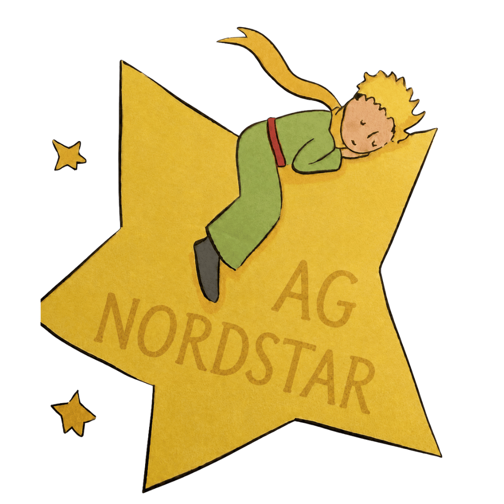 Illustration: Ein Junge liegt schlafend auf einem gelben Stern mit dem Schriftzug AG Nordstar