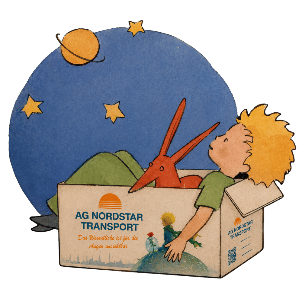 Illustration: Ein Junge öffnet einen Umzugskarton von AG Nordstar Transport, aus dem ein Fuchs schaut