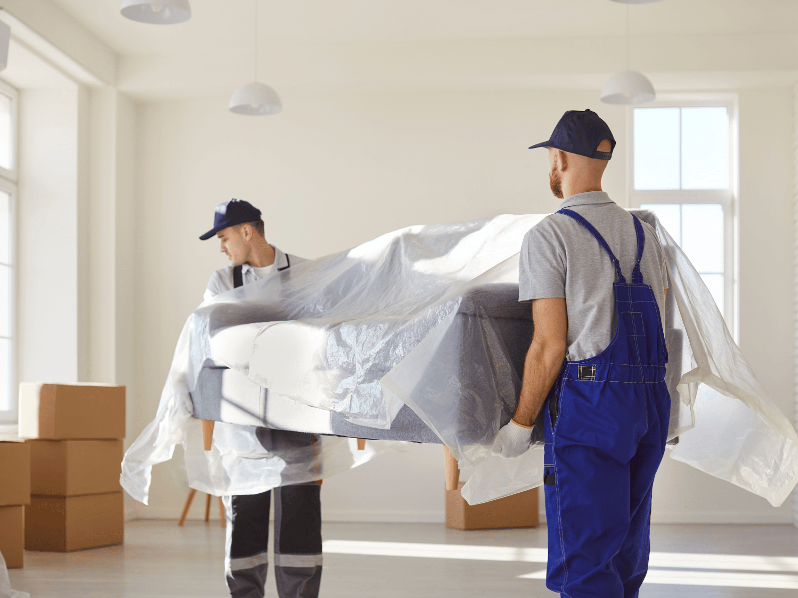 Zwei Mitarbeiter tragen ein in Schutzfolie eingewickeltes Sofa durch einen leeren Raum