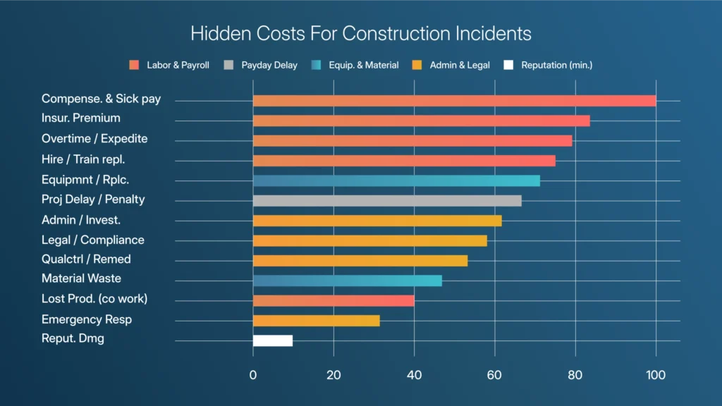 Bar chart illustrating various hidden costs for construction incidents, such as lost payroll, productivity delays, equipment repair, admin and legal expenses, with compensation and sick pay as the largest contributor.
