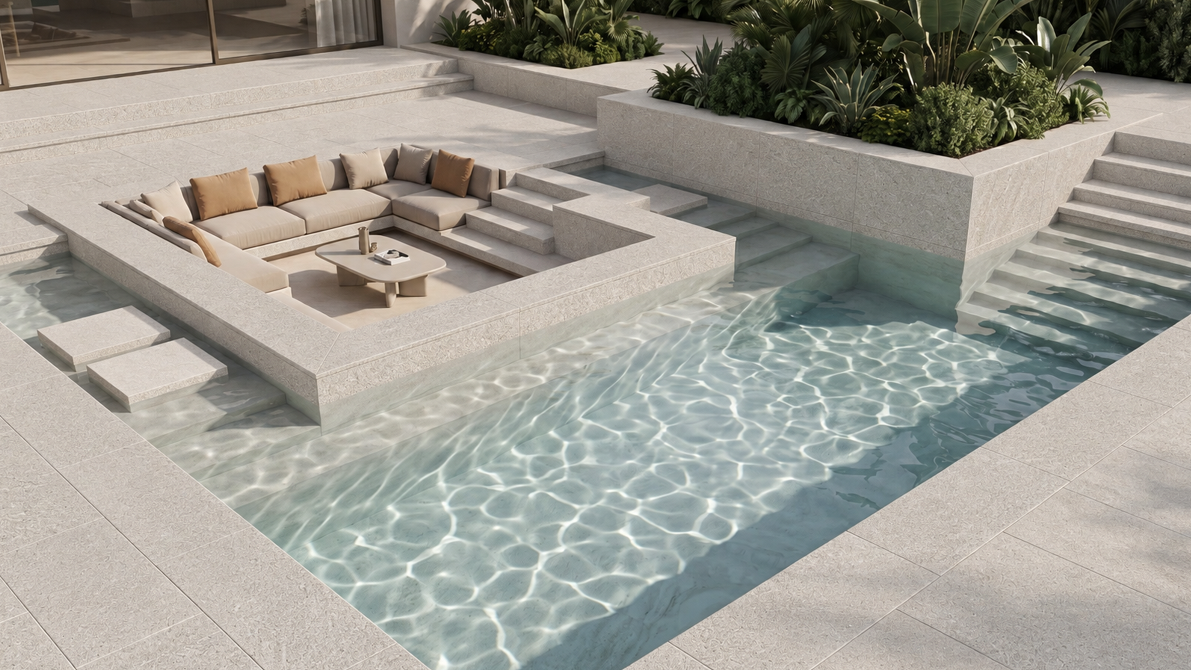 Design visualization of a stone-clad sunken lounge surrounded by a swimming pool.