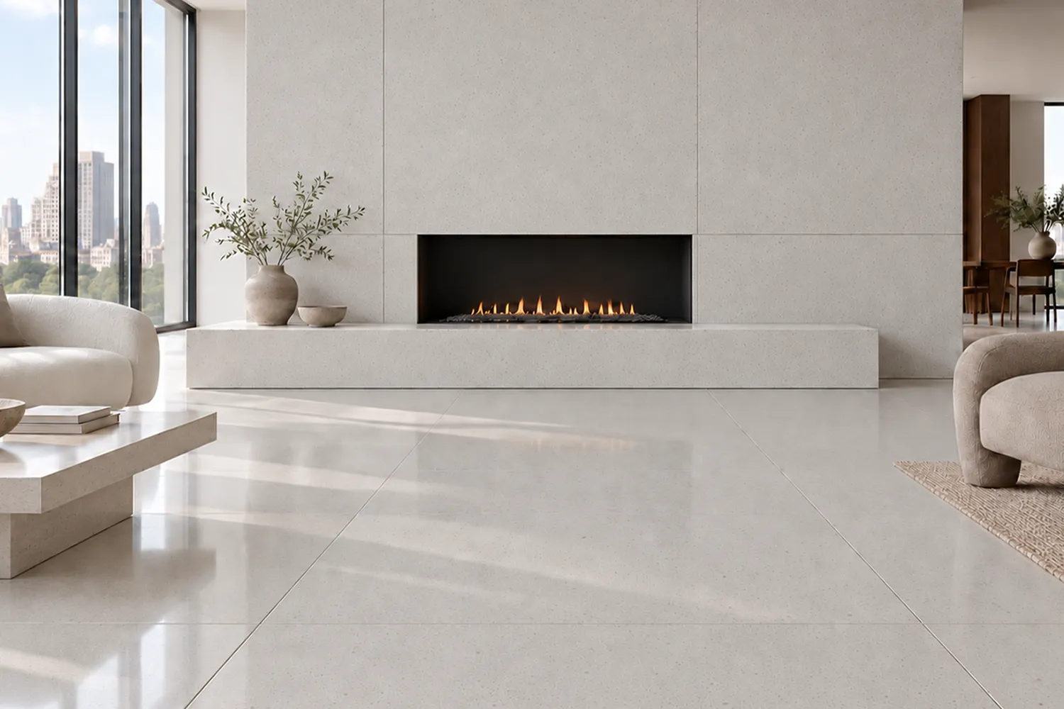 Light stone flooring and a matching fireplace surround in a modern living room.