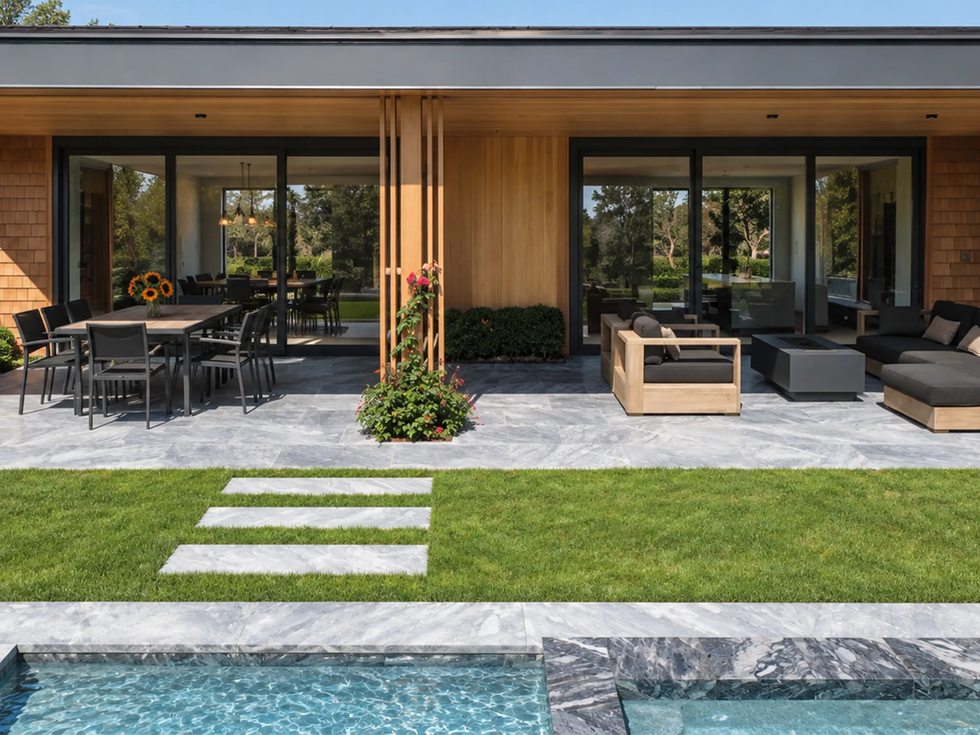 Ice Blue marble pavers on a covered patio with dining and lounge areas overlooking a swimming pool.