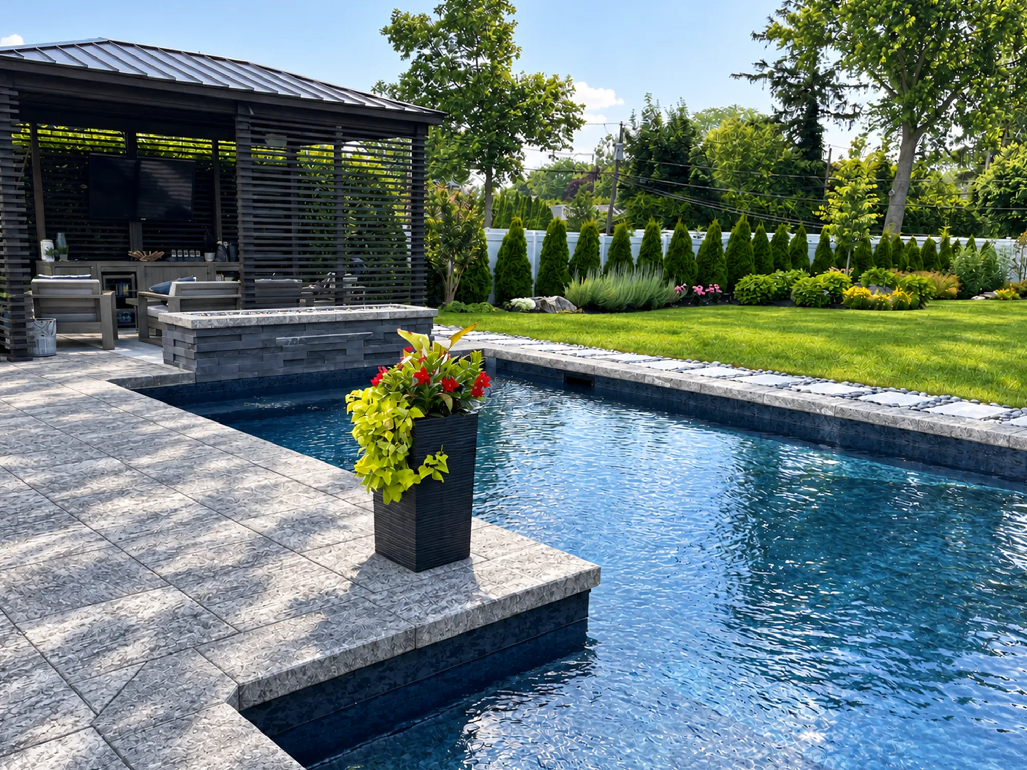 Silver Mist marble coping and paving around a swimming pool, with a dark garden pavilion and landscaped borders.