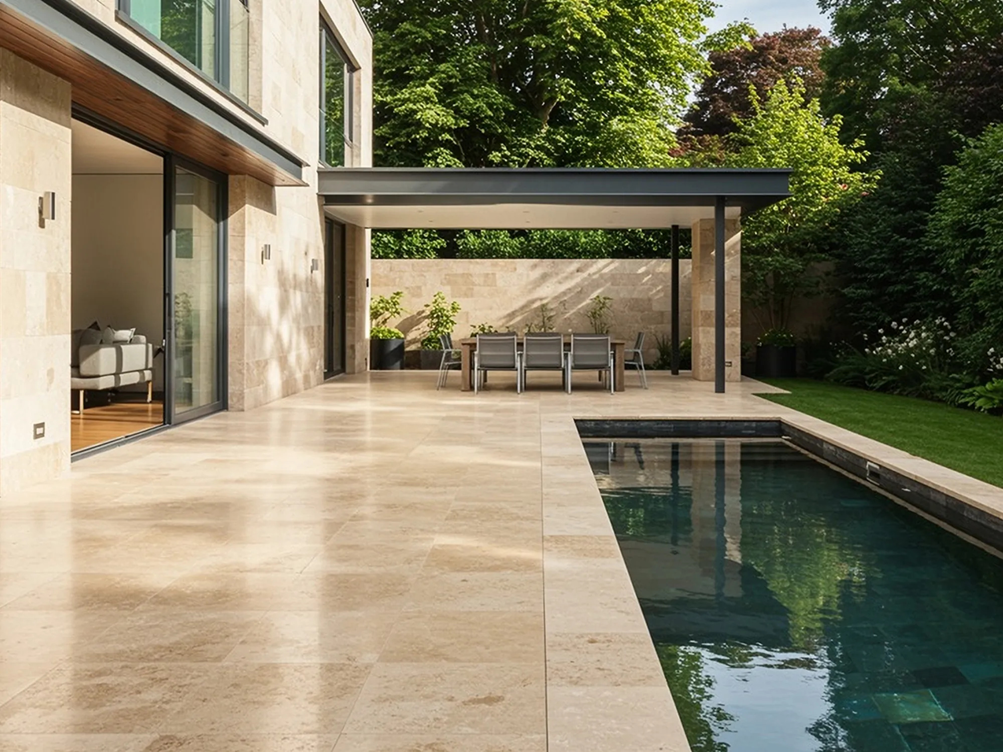 Walnut Travertine pool coping and terrace paving beside a modern home, with a covered outdoor dining area.
