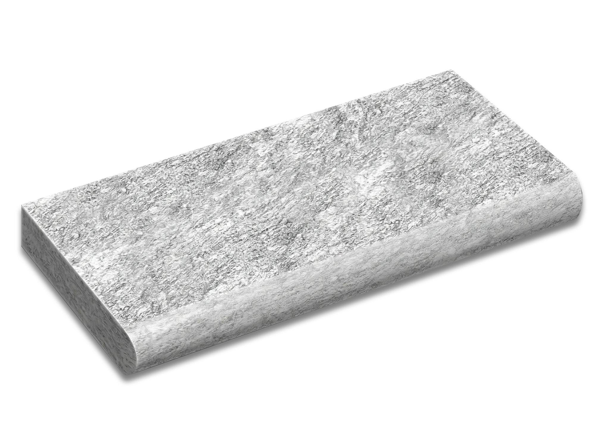 Silver Mist marble coping and tread with a rounded bullnose edge and flowing white and dark gray markings.