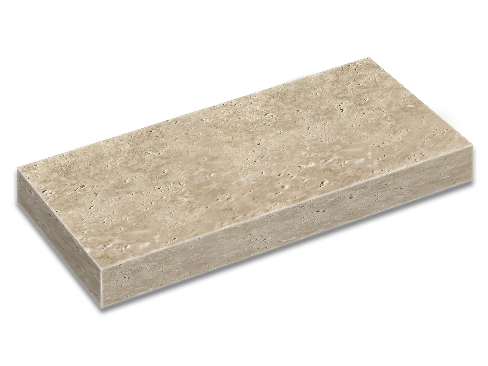 Walnut Travertine coping and tread with a straight edge profile, warm beige tones, and visible natural surface pores.