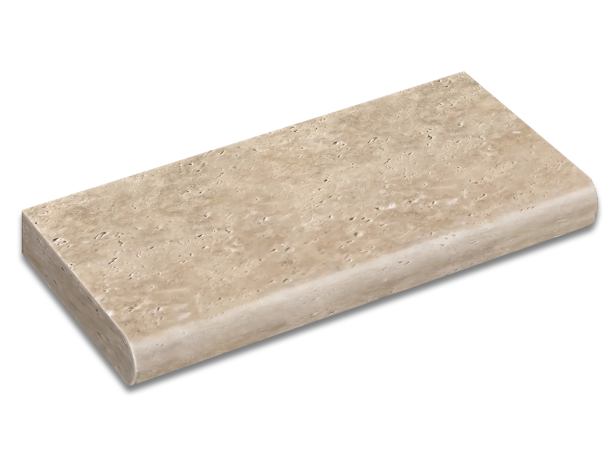 Walnut Travertine coping and tread with a rounded bullnose edge, warm beige tones, and visible natural surface pores.