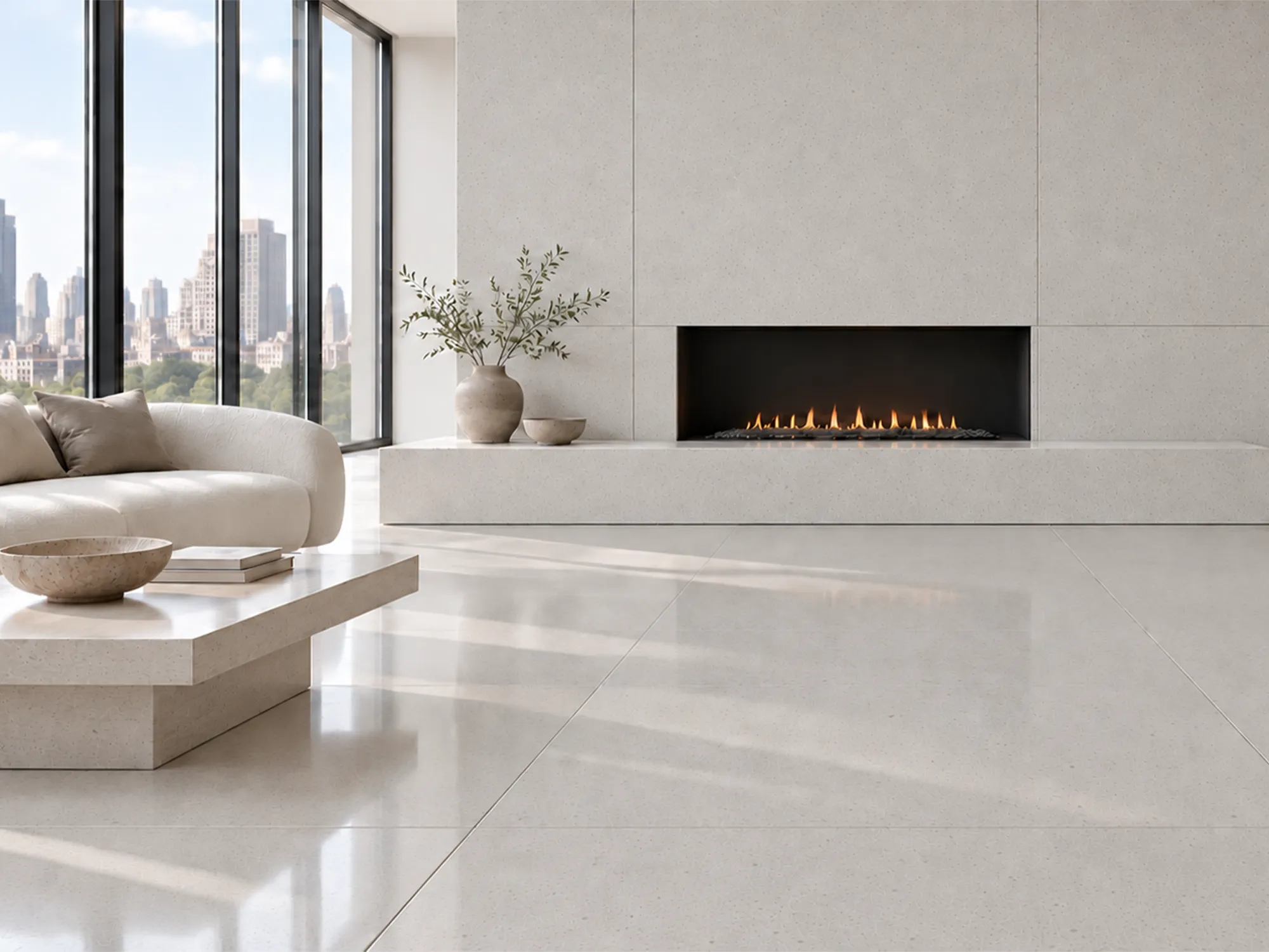 Classic Limestone flooring and fireplace cladding in a bright living room with a curved cream sofa and floor-to-ceiling windows.